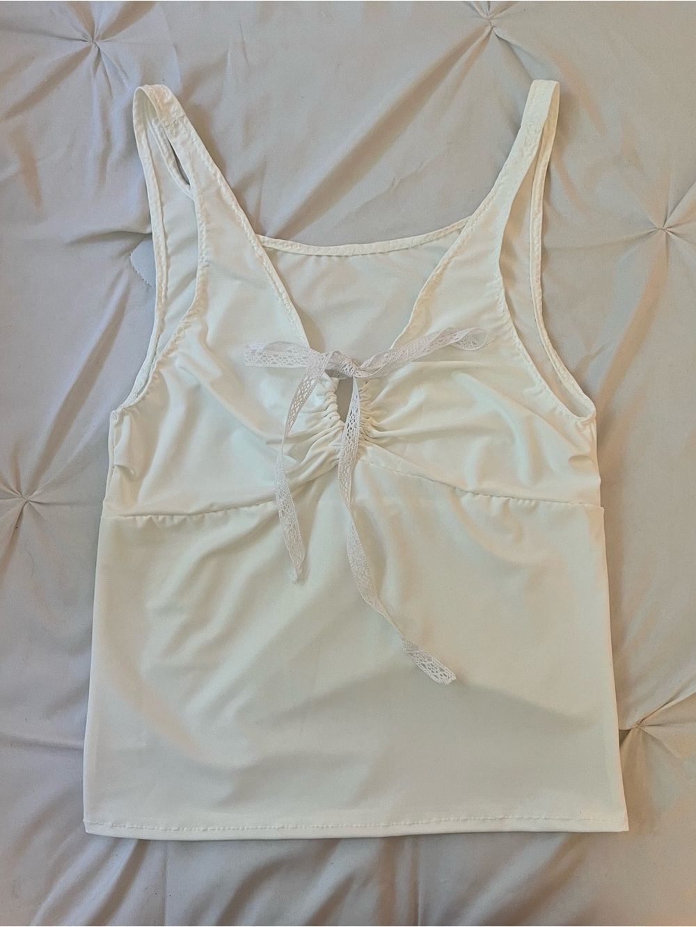 White ruched key hole lace tie tank top